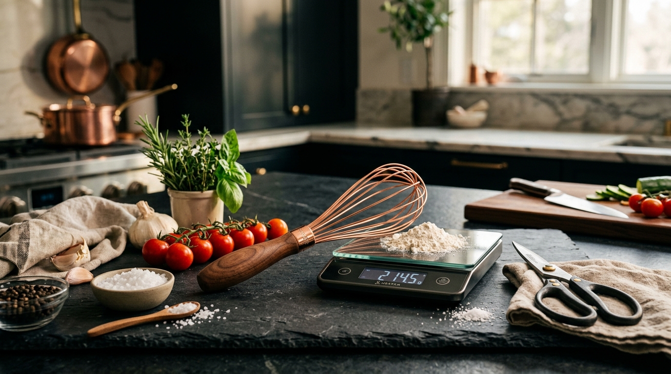Balloon whisk, digital kitchen scale and kitchen shears on a dark stone counter